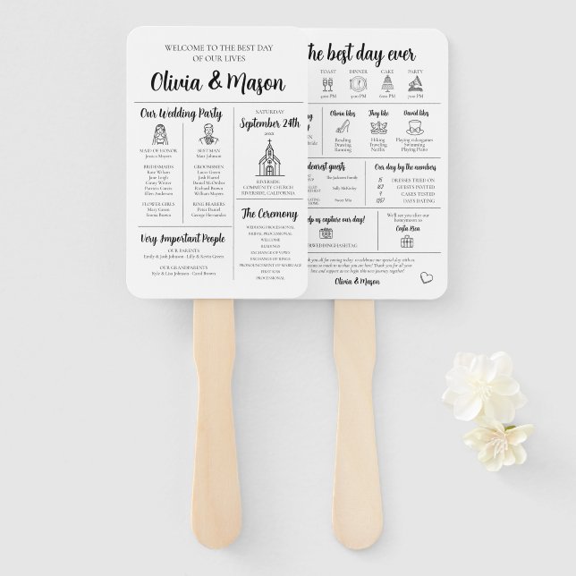 Elegant Modern Unique Infographic Wedding Program Hand Fan (Front and Back)