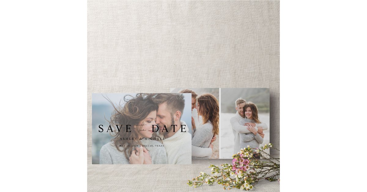 Elegant Modern Vellum Overlay 3 Photo Engagement Save The Date | Zazzle