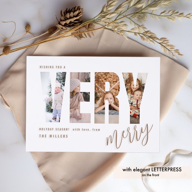 Elegant Modern Very Merry Photo Collage Holiday Letterpress Photo Cards (Creator Uploaded)