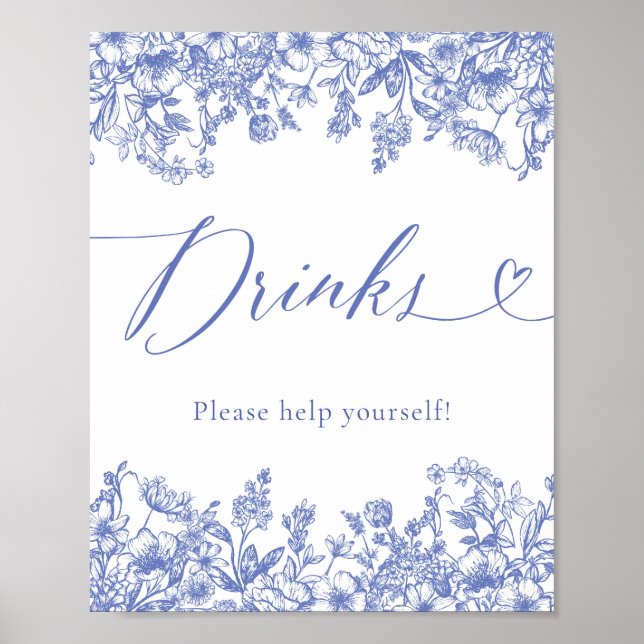Elegant Modern Victorian Blue Floral Food Sign (Front)