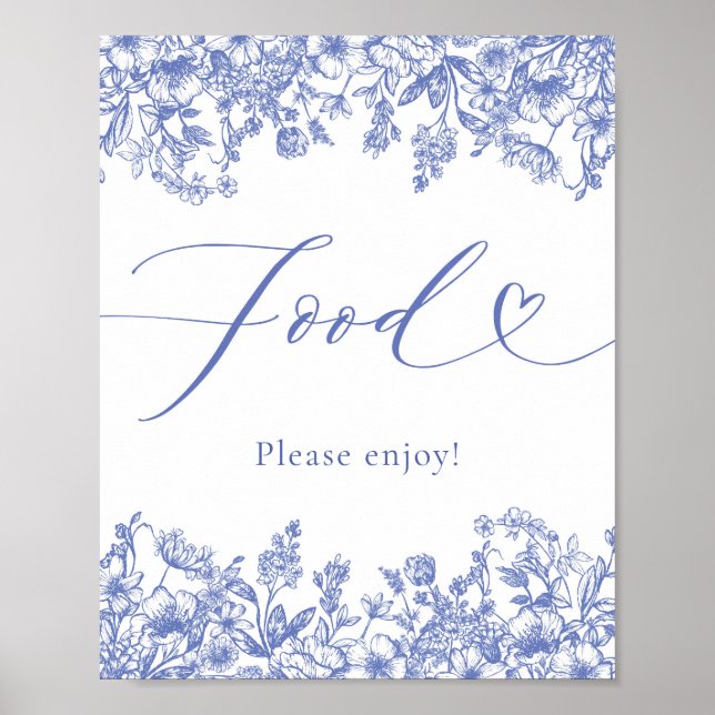 Elegant Modern Victorian Blue Floral Food Sign (Front)