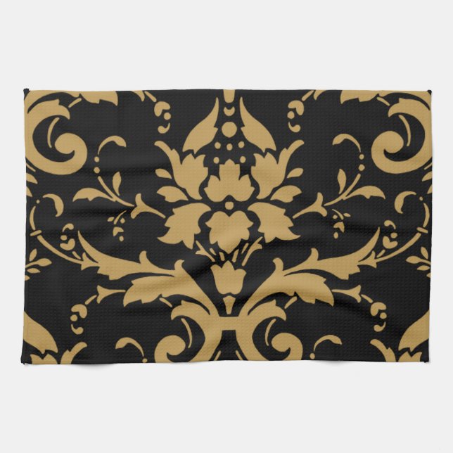 Elegant Modern Vintage Gold Damask on Black Towel (Horizontal)