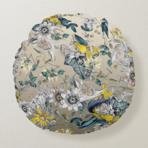 Elegant Modern Vintage Gold Gray Yellow Floral Round Pillow