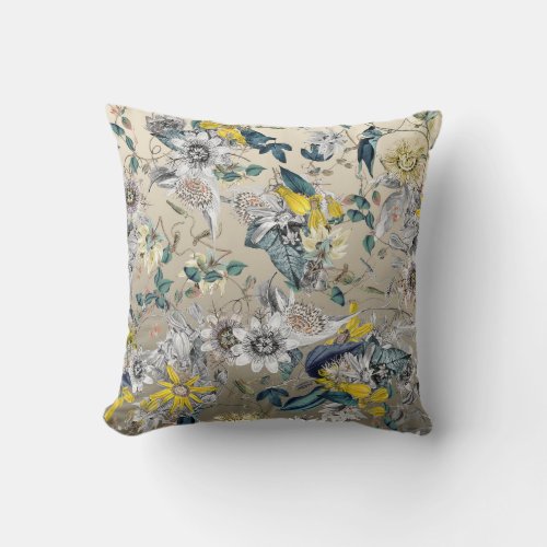 Elegant Modern Vintage Gold Gray Yellow Floral Throw Pillow