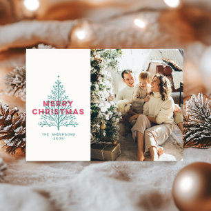 Elegant Modern Vintage Merry Christmas Tree Photo Holiday Postcard