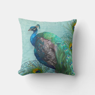 Elegant Modern Vintage Peacock Feathers Aqua Blue Throw Pillow