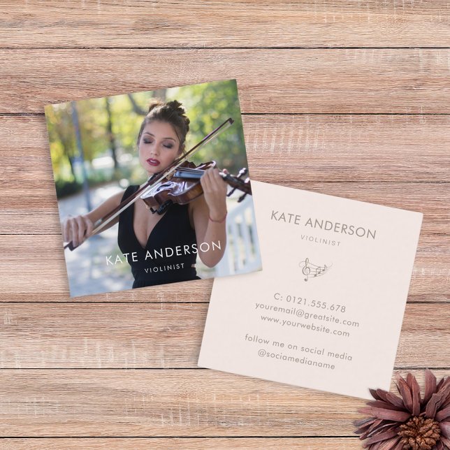 Elegant Modern Violinist Musician Photo Square Business Card (Creator Uploaded)