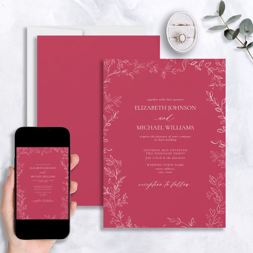 Elegant Modern Vivid Magenta Minimal Leaf Wedding Invitation
