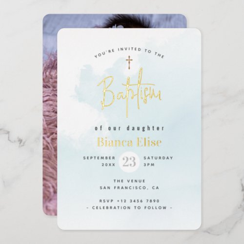 Elegant Modern Watercolor Baby Photo Baptism Foil Invitation