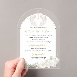 Elegant Modern Watercolor Beige Angel Baptism Invi Acrylic Invitations