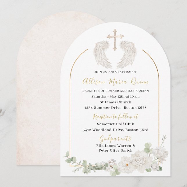 Elegant Modern Watercolor Beige Angel Baptism Invi Invitation (Front/Back)