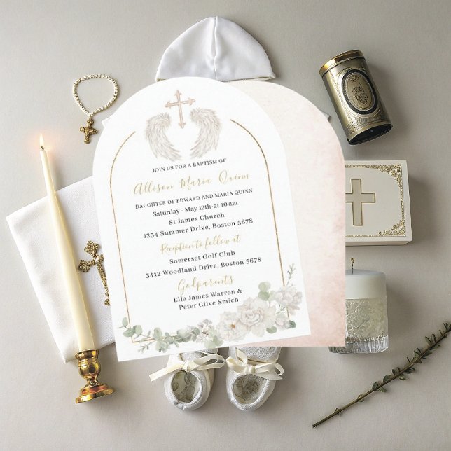 Elegant Modern Watercolor Beige Angel Baptism Invi Invitation (Creator Uploaded)