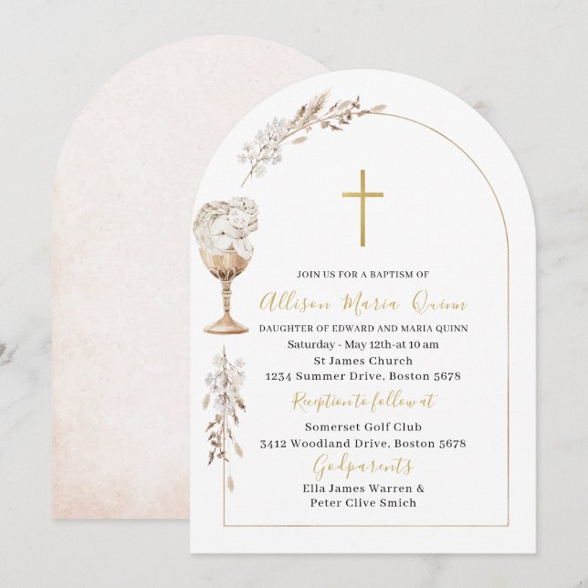 Elegant Modern Watercolor Beige Angel Baptism Invitation (Front/Back)