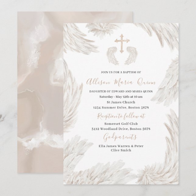 Elegant Modern Watercolor Beige Wings Angel Baptis Invitation (Front/Back)