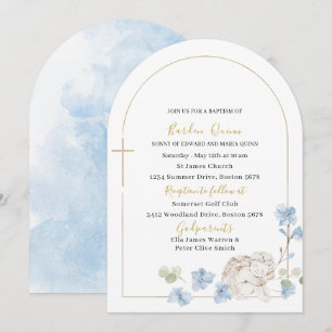 Elegant Modern Watercolor Blue Angel Baptism Invitation