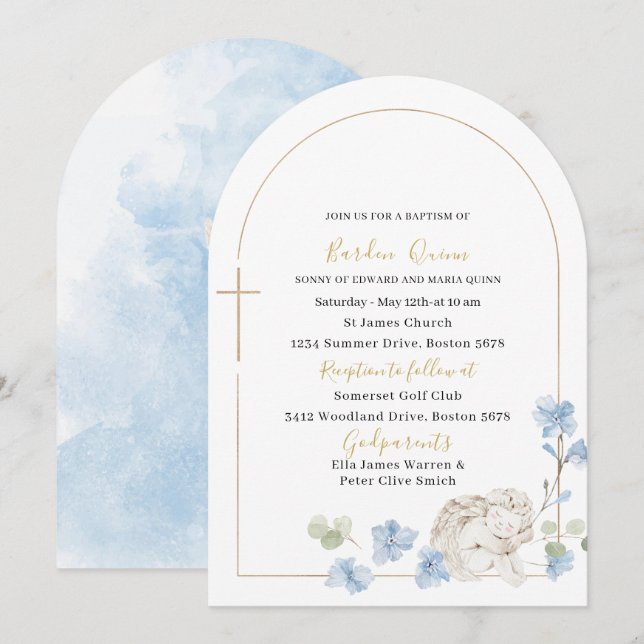 Elegant Modern Watercolor Blue Angel Baptism Invitation (Front/Back)