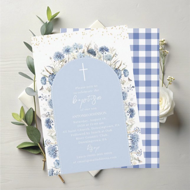 Elegant Modern Watercolor Blue Flowers Baptism Invitation (Creator Uploaded)