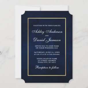 Elegant Modern Watercolor Blue Gold Wedding Tkt Invitation