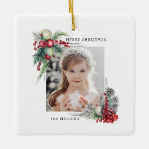 Elegant Modern Watercolor Christmas Floral Photo Ceramic Ornament