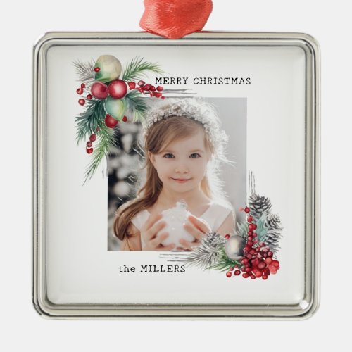 Elegant Modern Watercolor Christmas Floral Photo Metal Ornament