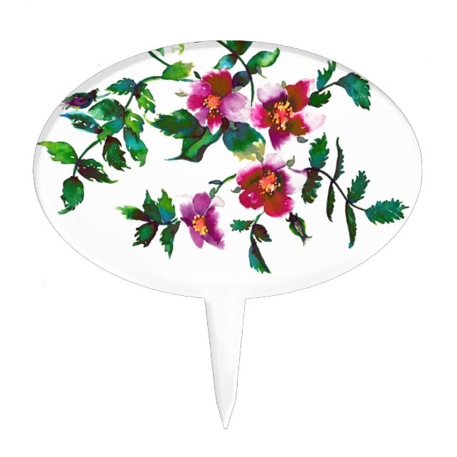 Elegant modern watercolor dark pink wildflowers cake topper (Front)
