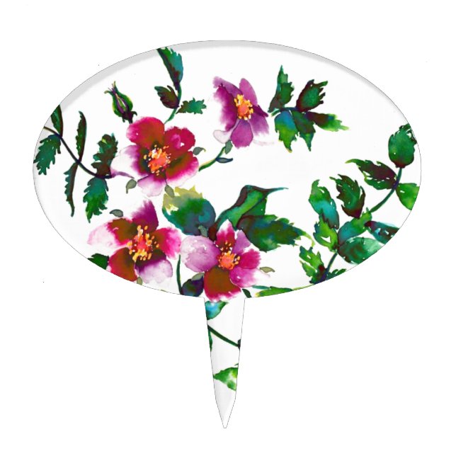 Elegant modern watercolor dark pink wildflowers cake topper (Front)