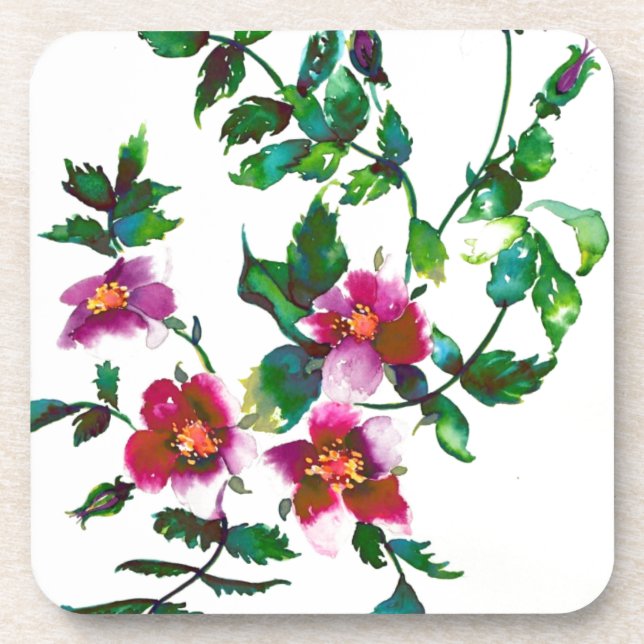 Elegant modern watercolor dark pink wildflowers drink coaster (Front)