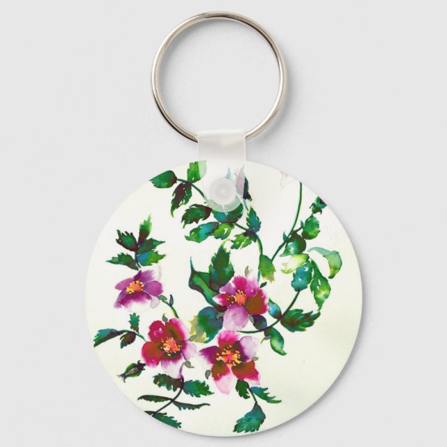 Elegant modern watercolor dark pink wildflowers keychain (Front)