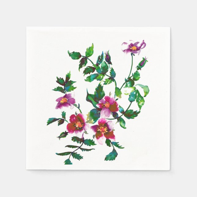 Elegant modern watercolor dark pink wildflowers napkins (Front)