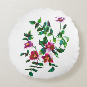 Elegant modern watercolor dark pink wildflowers round pillow