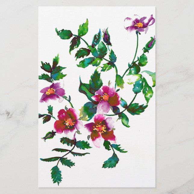 Elegant modern watercolor dark pink wildflowers stationery (Front)