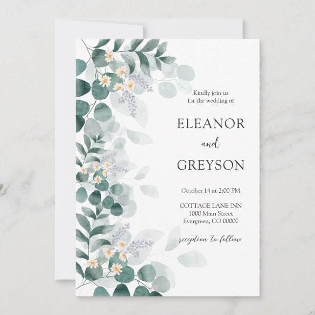 Elegant Modern Watercolor Eucalytus Wedding Invitation (Front)