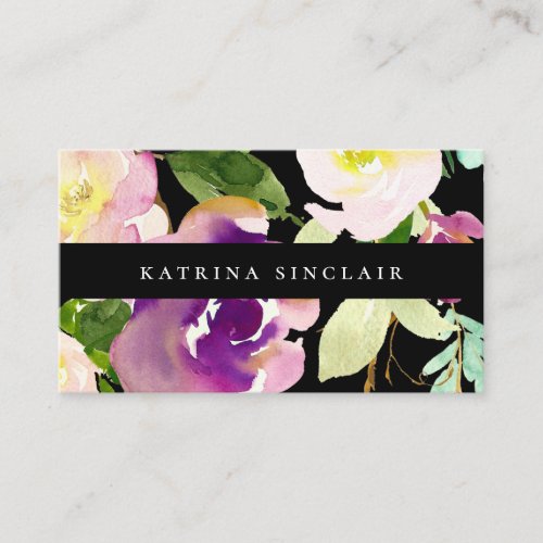 Elegant Modern Watercolor Floral Black Business Card