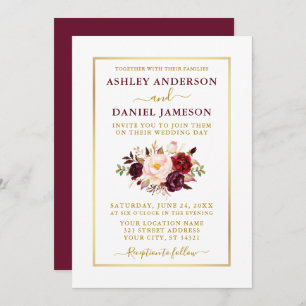 Elegant Modern Watercolor Floral Burgundy Wedding Invitation