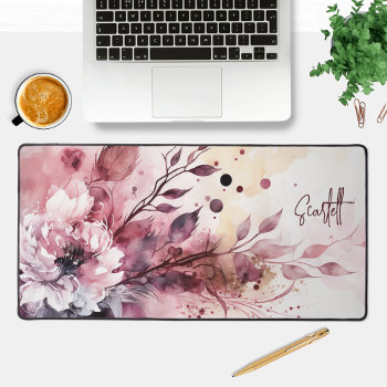 Elegant Modern Watercolor Floral Personalized Name Desk Mat by EvcoStudio at Zazzle
