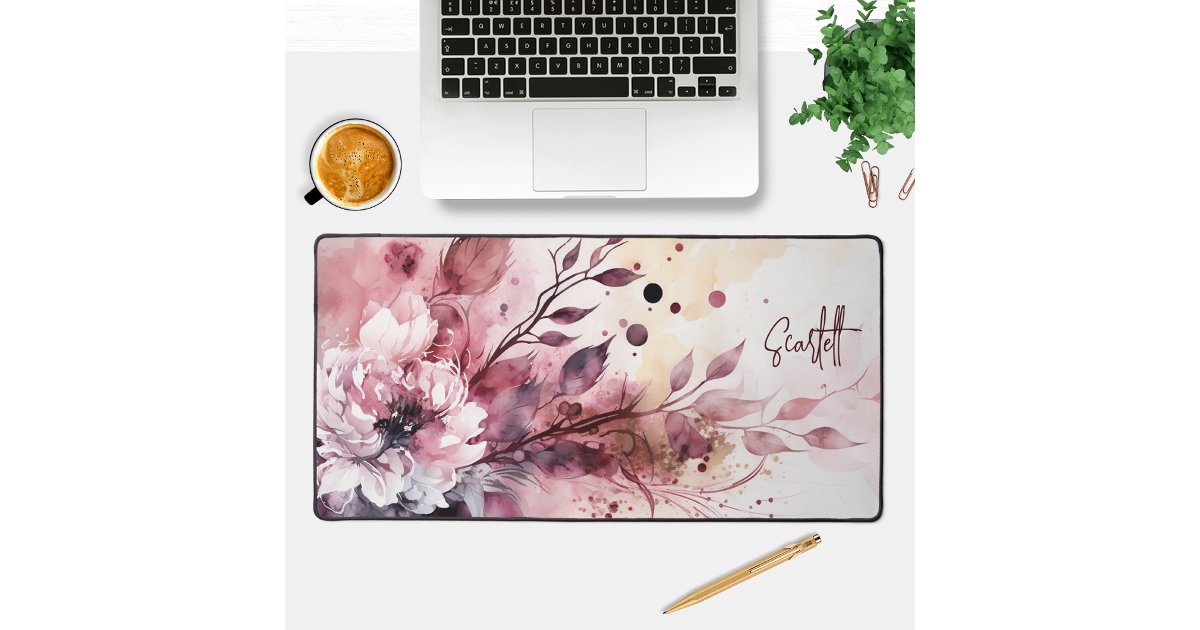 Elegant Modern Watercolor Floral Personalized Name Desk Mat | Zazzle