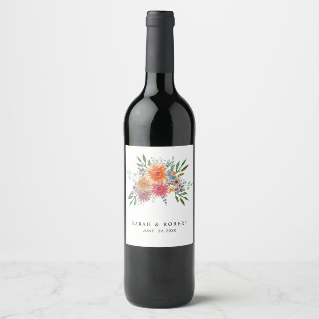 Elegant Modern Watercolor Floral Rustic Wedding Wine Label (Front)