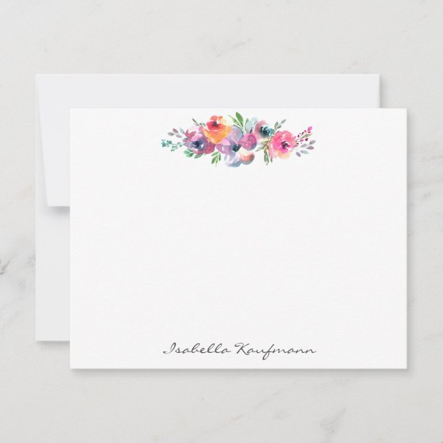 Elegant Modern Watercolor Floral Script Name Note Card (Front)