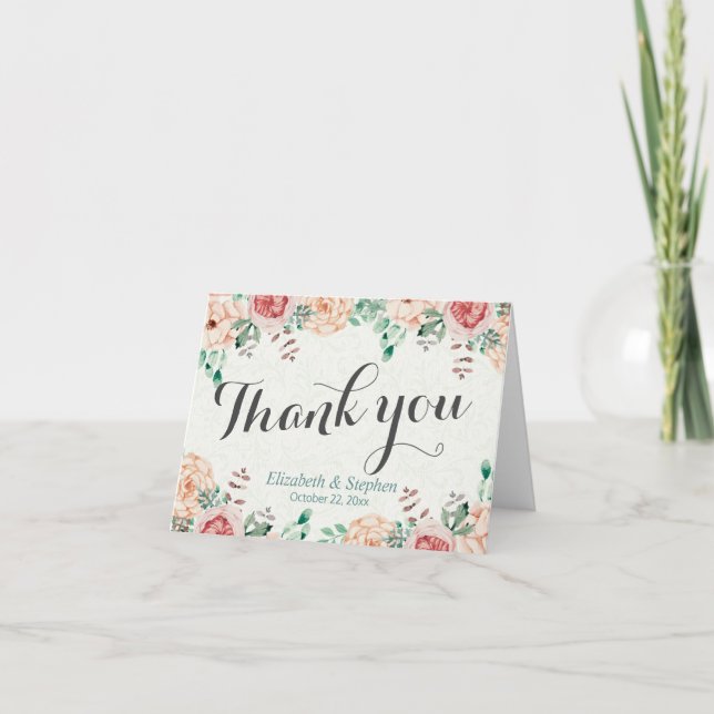 Elegant Modern Watercolor Floral Wedding Thank You (Front)