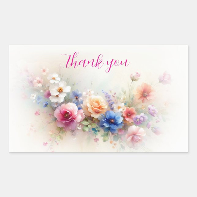 Elegant Modern Watercolor Flowers Art Thank You Rectangular Sticker (Front)