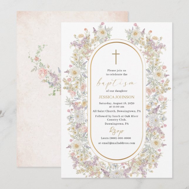 Elegant Modern Watercolor Flowers Baptism Invitation (Front/Back)