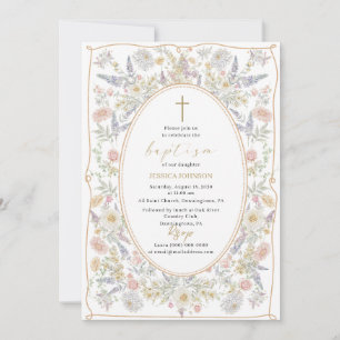 Elegant Modern Watercolor Flowers Baptism Invitation