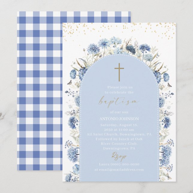 Elegant Modern Watercolor Flowers Baptism Invitation (Front/Back)