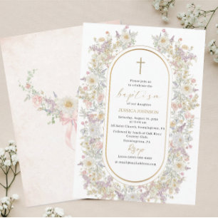 Elegant Modern Watercolor Flowers Baptism Invitation
