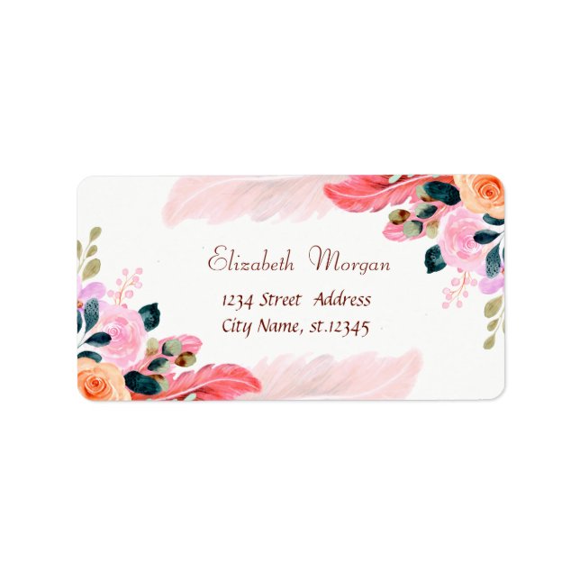 Elegant Modern  Watercolor  Flowers Feather Label (Front)