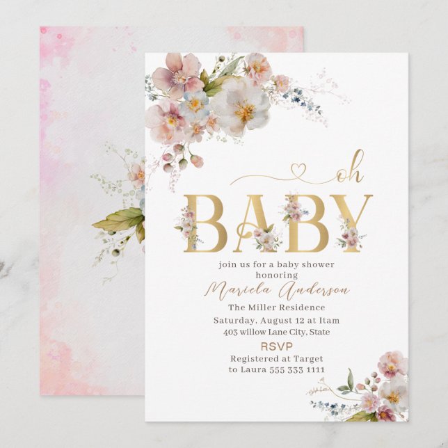 Elegant Modern Watercolor Flowers Oh Baby Baby Sho Invitation (Front/Back)