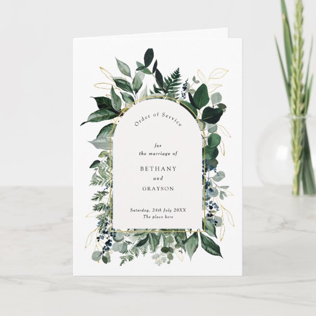 Elegant Modern Watercolor Greenery Bi fold wedding Program (Front)