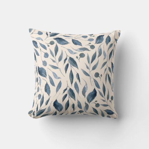 Elegant Modern Watercolor Leaves Pattern Navy Blue Throw Pillow