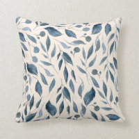 Elegant Modern Watercolor Leaves Pattern Navy Blue Throw Pillow