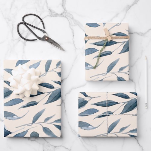 Elegant Modern Watercolor Leaves Pattern Navy Blue Wrapping Paper Sheets